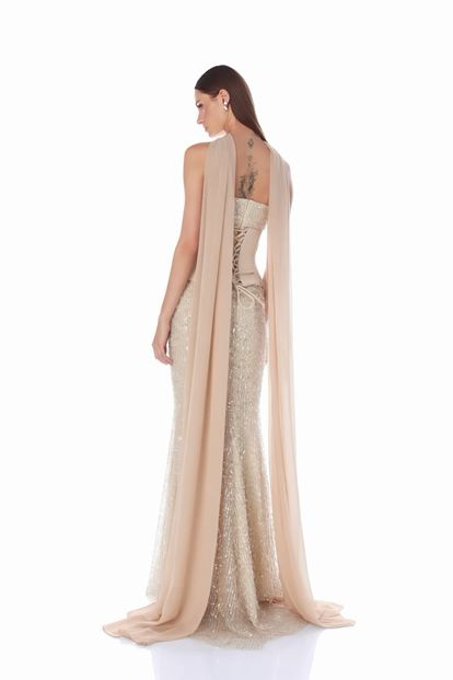 Beiges Satin Bustier Top Pailletten Meerjungfrau Abend Set